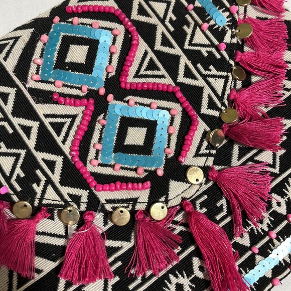 Aztec Boho Embellished Beaded Sequin Tassel Cotton Envelope Clutch Purse Bag - Picture 3 of 11